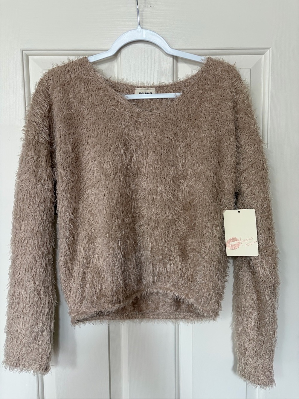 Free Kisses Taupe Fuzzy Crewneck Sweater